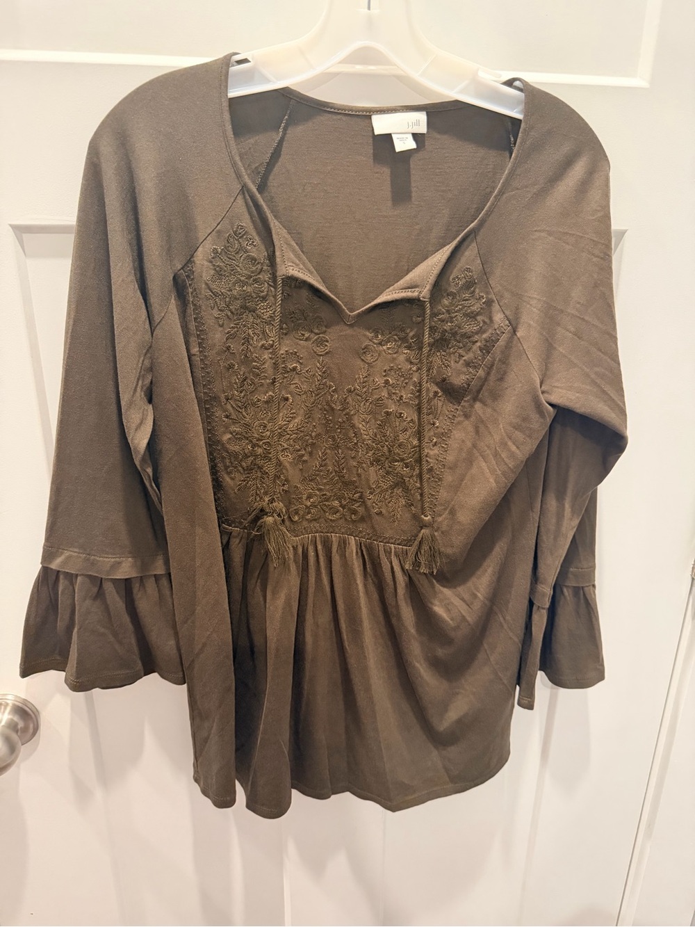 J.Jill Brown Embroidered Boho Peasant Bell Sleeve Top Small